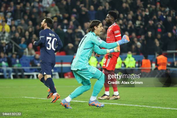 Yann Sommer of FC Bayern Munich celebrates after Lionel Messi of Paris Saint-Germain misses an opportunity on goal during the UEFA Champions League...