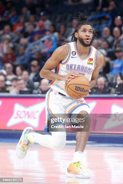 Isaiah Joe of the Oklahoma City Thunder drives to the basket during the fourth quarter against the New Orleans Pelicans at Paycom Center on February...