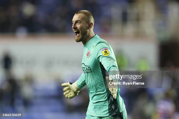 Joe Lumley celebrates after Tyrese Fornah of Reading scores the side's second goal during the Sky Bet Championship match between Reading and...