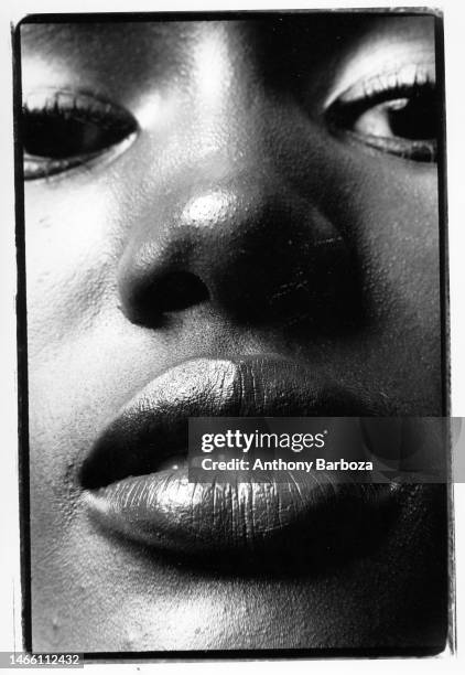 Close-up portrait of Jamaican actress, musician, and model Grace Jones, New York, 1970s.