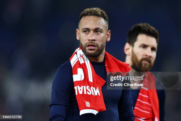 Neymar of Paris Saint-Germain looks dejected after the UEFA Champions League round of 16 leg one match between Paris Saint-Germain and FC Bayern...