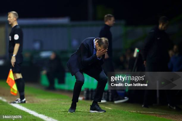 Duncan Ferguson, manager of Forest Green Rovers reacts on the touchline during the Sky Bet League One match between Forest Green Rovers and Charlton...