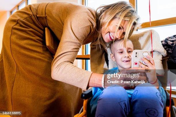 Queen Maxima of The Netherlands visits the Princess Maxima Center for Pediatric Oncology on February 14, 2023 in Utrecht, Netherlands. The visit is a...