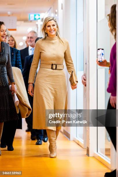 Queen Maxima of The Netherlands visits the Princess Maxima Center for Pediatric Oncology on February 14, 2023 in Utrecht, Netherlands. The visit is a...