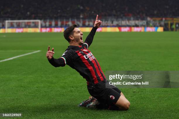 Brahim Diaz of AC Milan celebrates after scoring the team's first goal during the UEFA Champions League round of 16 leg one match between AC Milan...