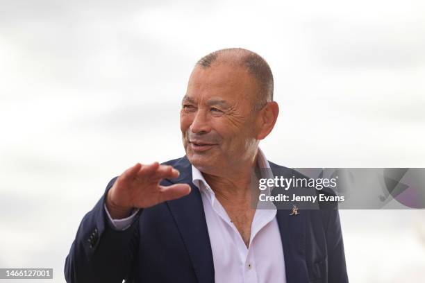 New Wallabies head coach Eddie Jones gestures during the 2023 Super Rugby Pacific Season Launch at Sydney Opera House on February 15, 2023 in Sydney,...