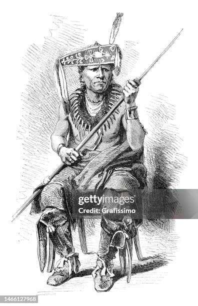 ilustraciones, imágenes clip art, dibujos animados e iconos de stock de retrato del guerrero nativo americano pawnee 1869 - indian costume