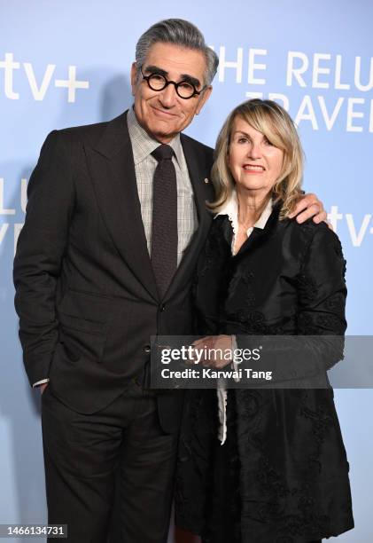 Eugene Levy and wife Deborah Divine attend the "The Reluctant Traveller" European Premiere at Everyman Borough Yards on February 14, 2023 in London,...