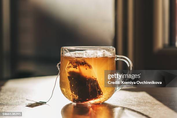 tea bag put in transparent glass teacup - sachet de thé photos et images de collection