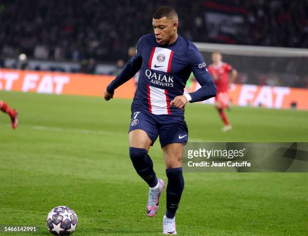 Kylian Mbappe of PSG during the UEFA Champions League round of 16 leg one match between Paris Saint-Germain and FC Bayern Muenchen at Parc des...
