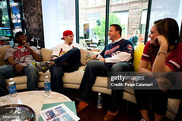 Minnesota Twins Matt Capps speaks with Shaun Kippins, Kyle Thompson and Lindsay Guentzel during his visit to the MLB Fan Cave Wednesday, April 18 at...