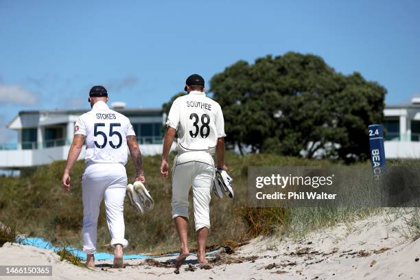 New Zealand Blackcaps captain Tim Southee and England captain Ben Stokes walk back from the Mount Maunganui beach following a media opportunity ahead...