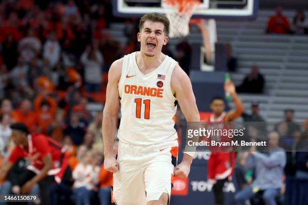 Joseph Girard III of the Syracuse Orange reacts during the first half against the North Carolina State Wolfpack at JMA Wireless Dome on February 14,...