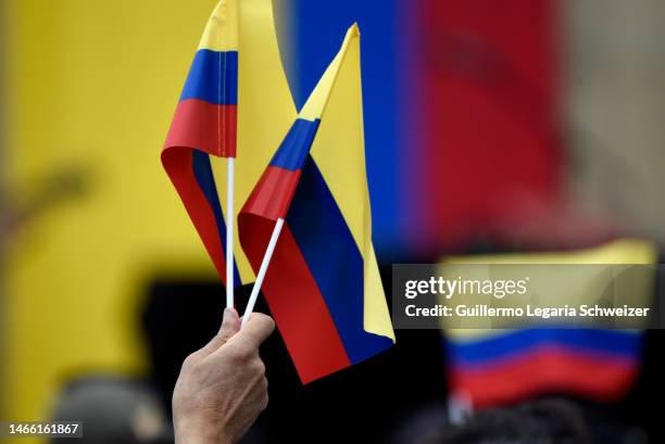 Supporters of Colombian President Gustavo Petro hold national flags as they attend Petro's first public speech from the Casa de Nariño presidential...