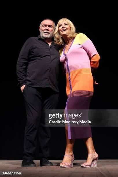 Jesús Ochoa and Margarita Gralia poses for photos during a press conference to present the play 'El Marido Perfecto' on February 14, 2023 in Mexico...