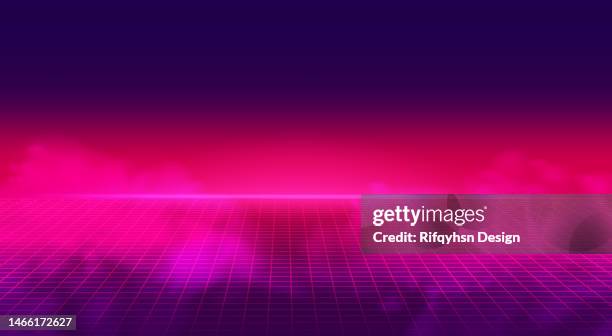 80er jahre retro futuristische science-fiction-illustration. retrowave videospiellandschaft mit neongittern - retro-synthwave-background stock-grafiken, -clipart, -cartoons und -symbole
