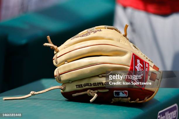 General view of a Rawlings baseball glove prior to the game between the Philadelphia Phillies and Washington Nationals on July 1, 2023 at Citizens...