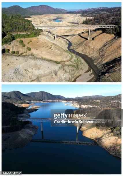 Of 1330091157 - TOP IMAGE and 1466119635 - BOTTOM IMAGE) In this before-and-after composite image, a comparison of water levels at Lake Oroville:...