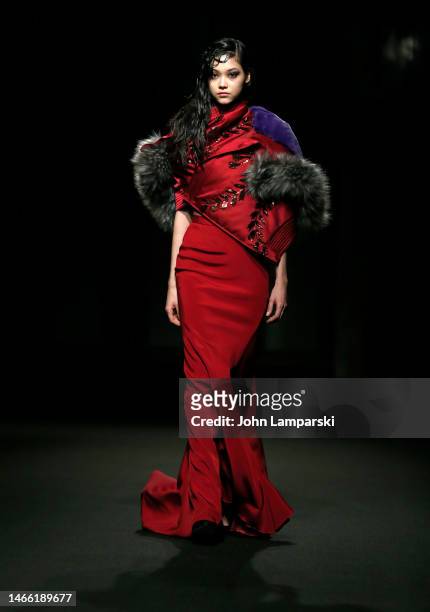 Model walks the runway wearing Altuzarra during February 2023 New York Fashion Week: The Shows at New York Public Library on February 14, 2023 in New...