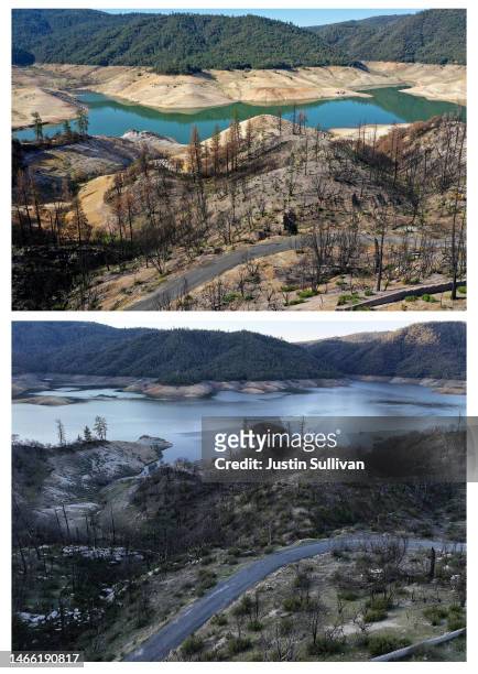 Of 1321235533 - TOP IMAGE and 1466120376 - BOTTOM IMAGE) In this before-and-after composite image, a comparison of water levels at Lake Oroville:...