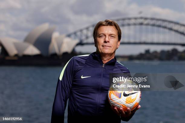 Matildas coach Tony Gustavsson poses for photographs during a Cup of Nations Pre-Tournament Media Opportunity at Mrs Macquarie's Chair on February...