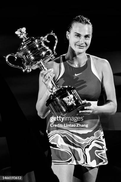 Aryna Sabalenka poses with the Daphne Akhurst Memorial Cup after winning the Women’s Singles Final match against Elena Rybakina of Kazakhstan during...