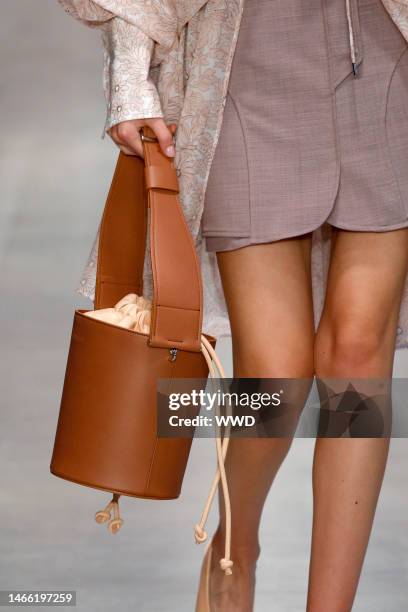 Model on the catwalk, bag detail