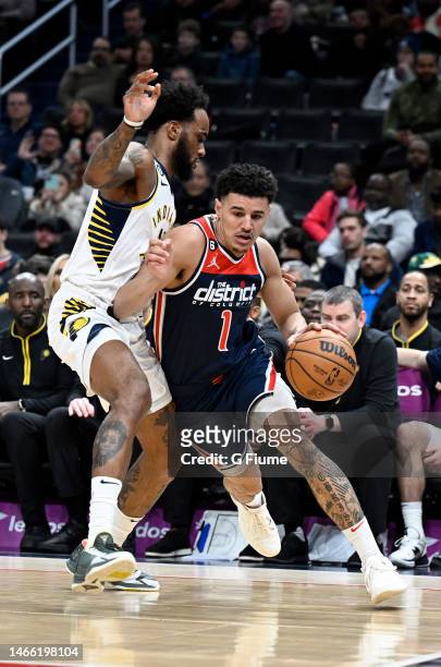 Johnny Davis of the Washington Wizards handles the ball against the Indiana Pacers at Capital One Arena on February 11, 2023 in Washington, DC. NOTE...