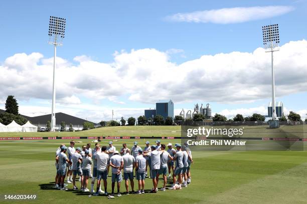 The England test team group togeather before an England Test squad training session at Bay Oval on February 15, 2023 in Mount Maunganui, New Zealand.