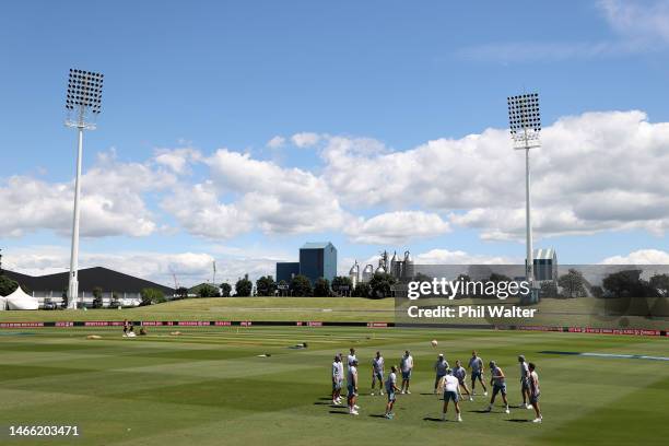 The England test team warm upbefore an England Test squad training session at Bay Oval on February 15, 2023 in Mount Maunganui, New Zealand.