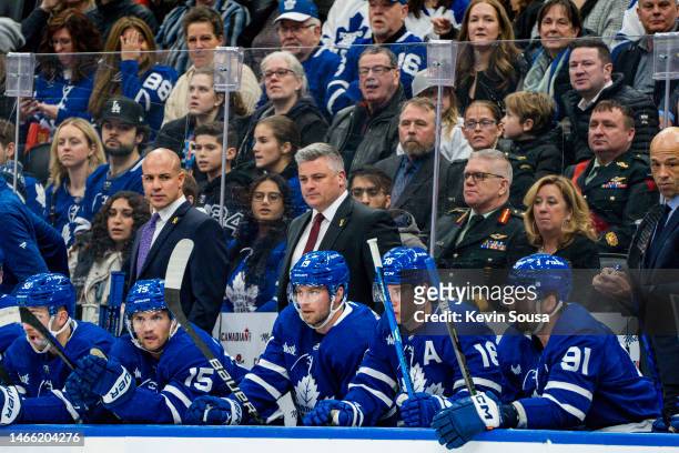 Toronto Maple Leafs head coach Sheldon Keefe looks on from the bench against the Columbus Blue Jackets during the first period at the Scotiabank...