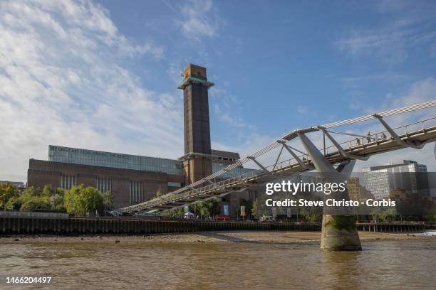The Millennium Bridge infront of the Tate Modern on the River Thames on August 29, 2022 in London, United Kingdom.