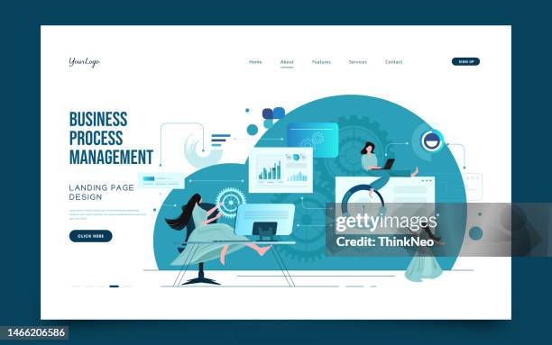 optimized business process teamwork landing page - business process workflow development stock illustrations