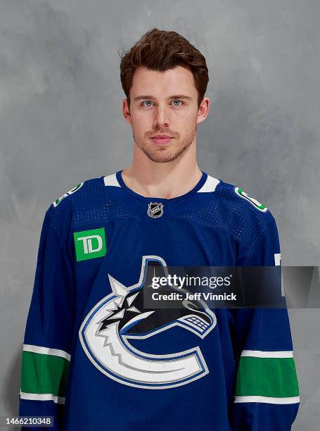 Anthony Beauvillier of the Vancouver Canucks poses for his official headshot for the 2022-2023 season before their NHL game against the the Detroit...