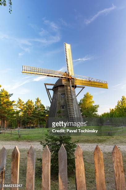 old historical windmill in wdzydze in kashubia (kaszuby) region in pomorskie (pomeranian) province, poland, 2020 - pomorskie province stockfoto's en -beelden