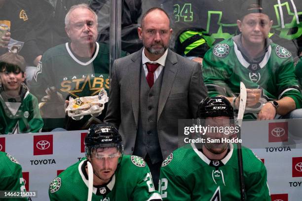 Peter DeBoer of the Dallas Stars watches play during the third period against the Boston Bruins at American Airlines Center on February 14, 2023 in...