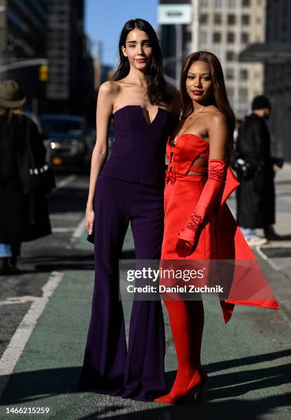 Actors Zion Moreno and Savannah Smith are seen wearing Pamella Roland outfits outside the Pamella Roland show during New York Fashion Week F/W 2023...