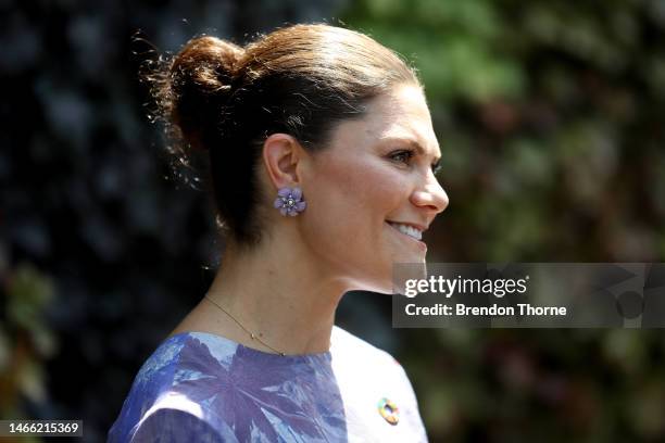 Her Royal Highness Crown Princess Victoria of Sweden is given a tour of the Royal Botanical Gardens on February 15, 2023 in Sydney, Australia. Her...