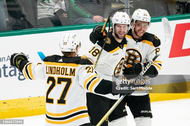 Pavel Zacha of the Boston Bruins is congratulated by Hampus Lindholm and David Pastrnak after scoring a goal during the third period against the...