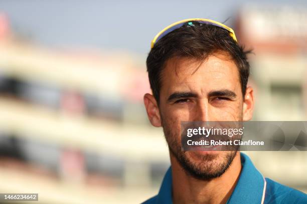 Mitchell Starc of Australia speaks to the media during an Australia Test squad training session at Arun Jaitley Stadium on February 15, 2023 in...