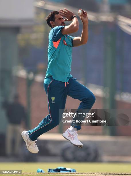 Mitchell Starc of Australia bowls during an Australia Test squad training session at Arun Jaitley Stadium on February 15, 2023 in Delhi, India.