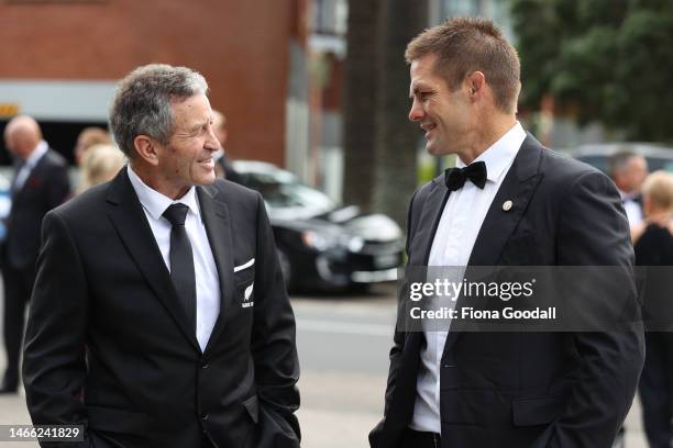 Former Black Ferns coach Wayne Smith and Richie McCaw arrive at the Halberg Awards at Spark Arena on February 15, 2023 in Auckland, New Zealand.