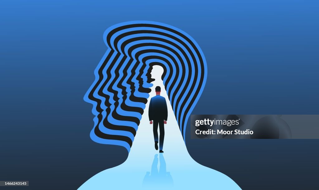 Man in head shape tunnel illustration.