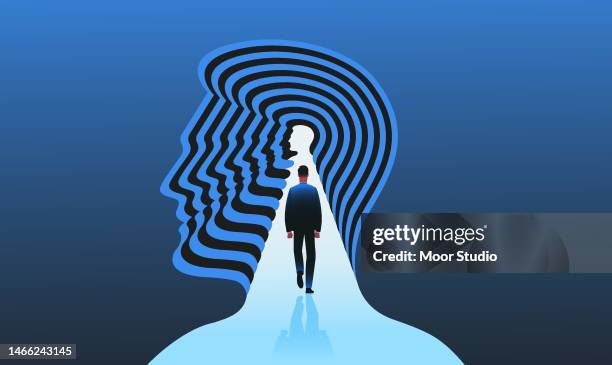 man in head shape tunnel illustration. - vanity stock illustrations