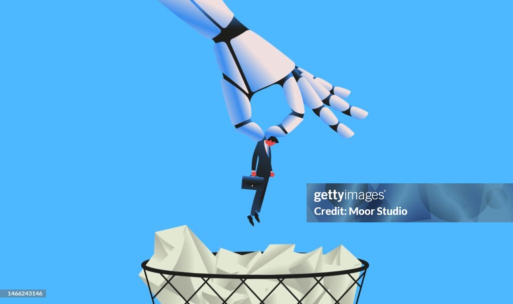 Giant robot throwing man in a trash can