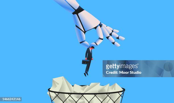 giant robot throwing man in a trash can - business stock illustrations