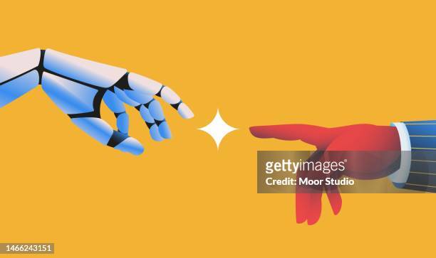 roboterhand berührt menschliche hand illustration - menschlicher finger stock-grafiken, -clipart, -cartoons und -symbole