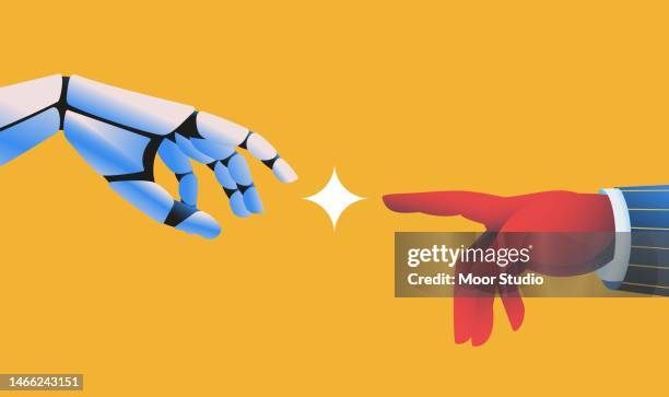 illustrazioni stock, clip art, cartoni animati e icone di tendenza di illustrazione della mano umana che tocca la mano del robot - intelligenza artificiale