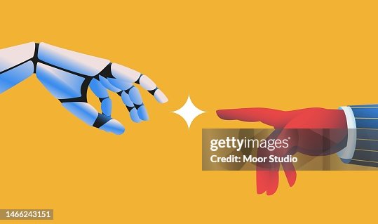 Robot hand touching human hand illustration Robot hand touching human hand illustration
