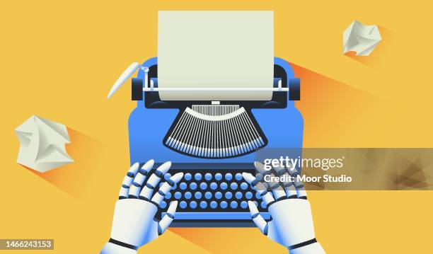 roboter tippt auf einer schreibmaschinenillustration - roboter stock-grafiken, -clipart, -cartoons und -symbole